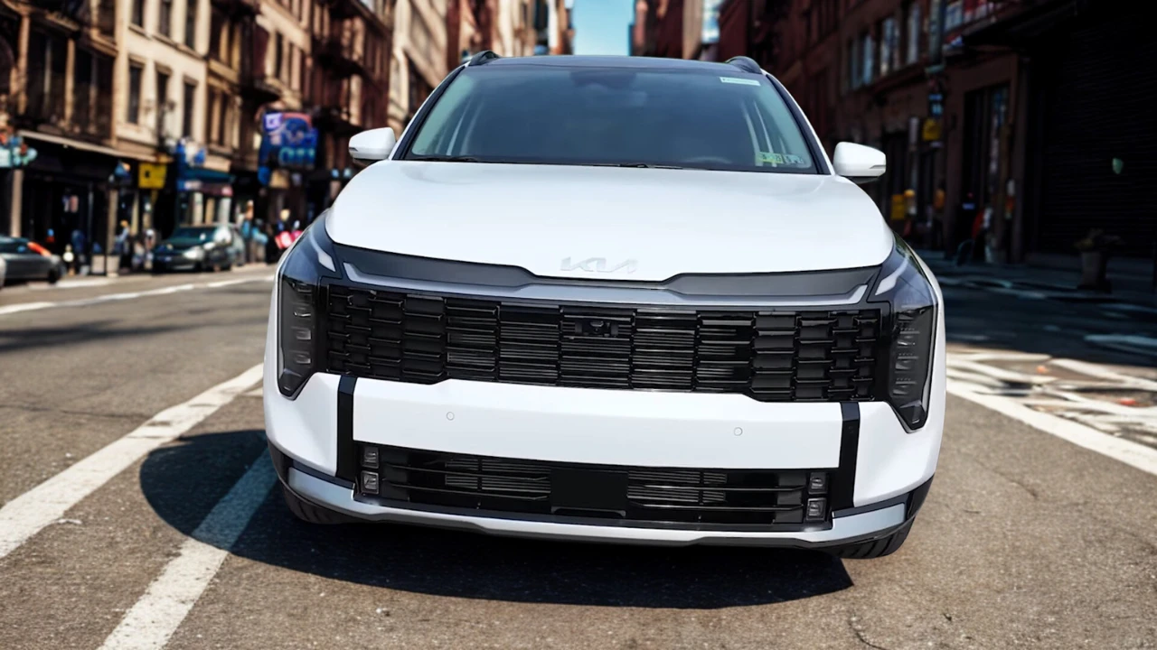 Close-up of 2026 Kia Sportage lower front bumper showing parking sensors, fog light area, black protective cladding, and modern bumper design