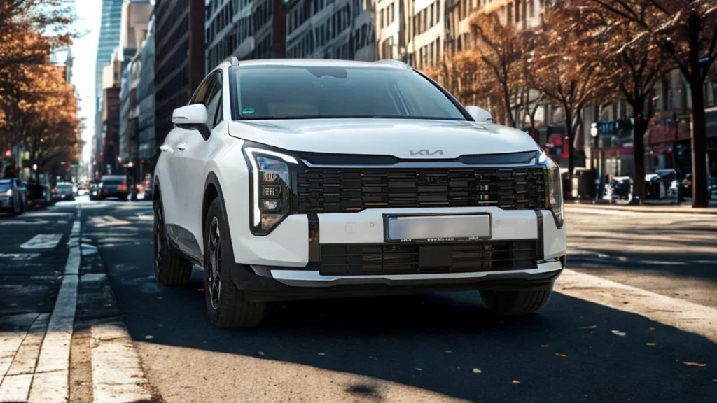 White 2026 Kia Sportage front three-quarter view on city street showing new LED headlight design, updated grille, and modern styling with urban buildings in background