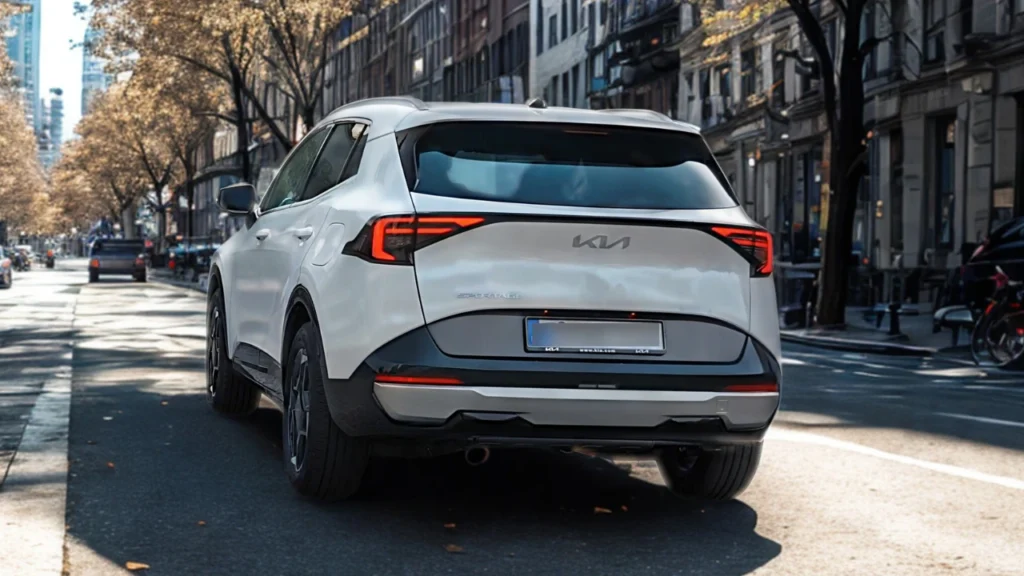 Rear three-quarter view of white 2026 Kia Sportage showing LED taillights, spoiler with hidden wiper, Sportage badging, and urban street environment