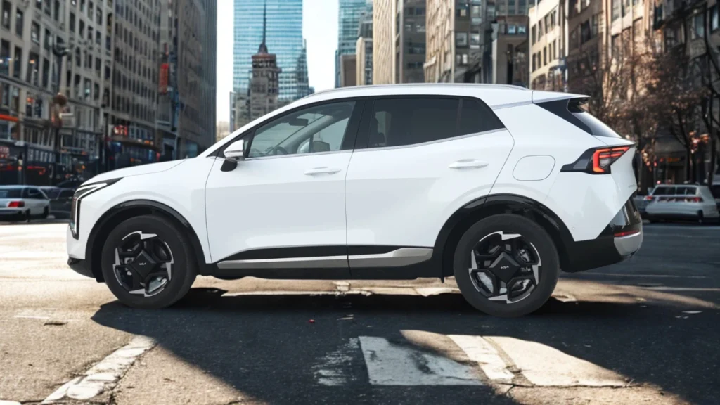 Side view of white 2026 Kia Sportage showing SUV proportions, black body cladding, alloy wheels, and urban street setting with city buildings