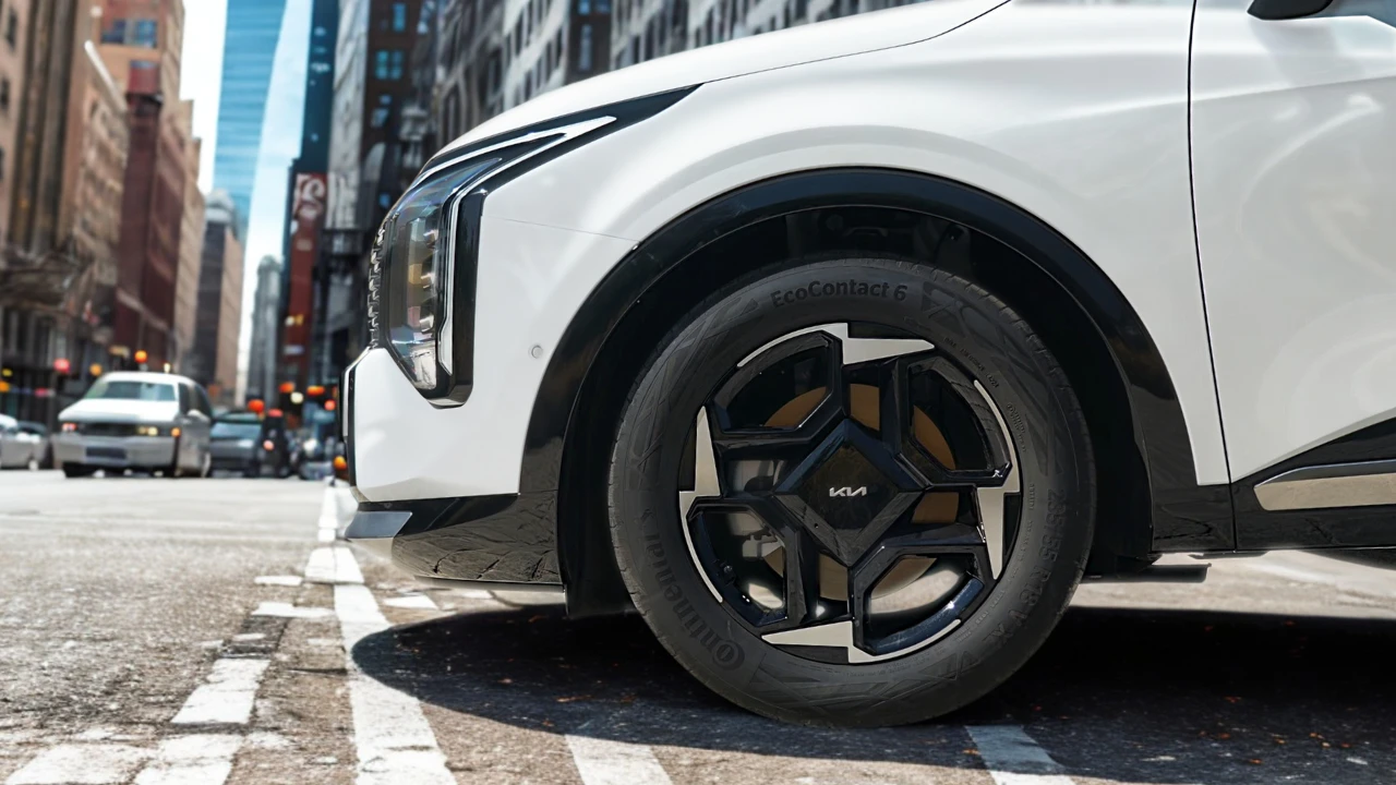 Close-up view of 2026 Kia Sportage alloy wheel showing modern spoke design with Continental EcoContact tire and Kia center cap branding
